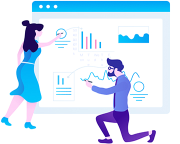 Illustration of Man and woman pointing at a statistics board